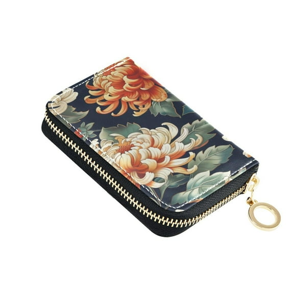 Leather Zipper Card Bag 4.7x3.1x0.8Inch Women's Card Bag Coin Purse Credit Card Bag Bank Card Bag Business Card Bag Coin Bag Orange Chrysanthemum