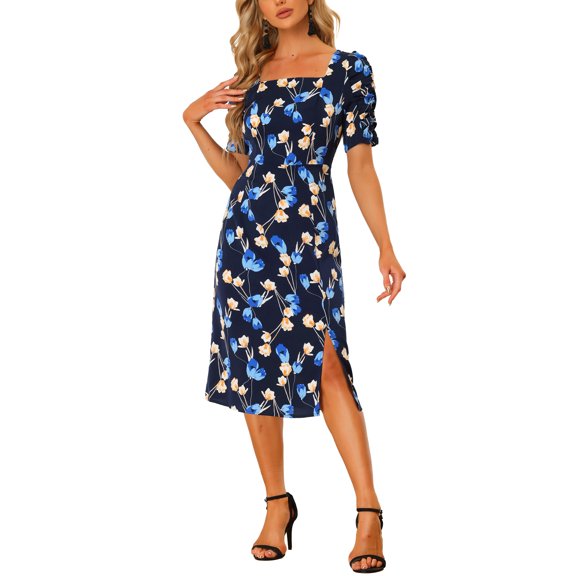 INSPIRE CHIC Square Neck Floral Dress for Women's Summer Slit Ruched Sleeve Midi Dresses Dark Blue L