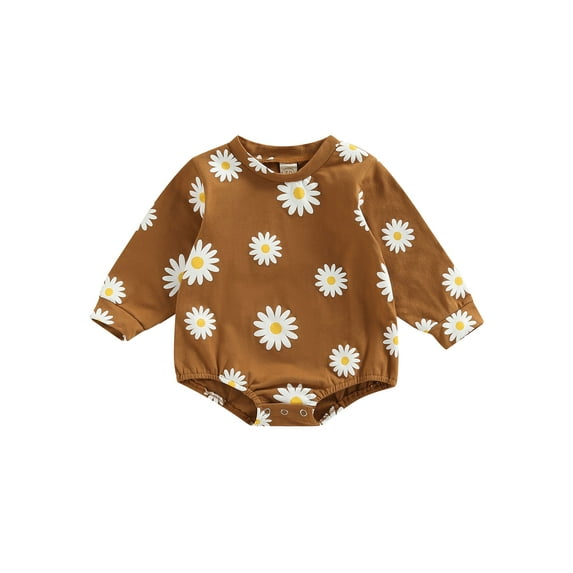 Franhais Infant Girl Long Sleeve Romper with Daisy Print, Crew Neck Loose Casual Spring Clothing