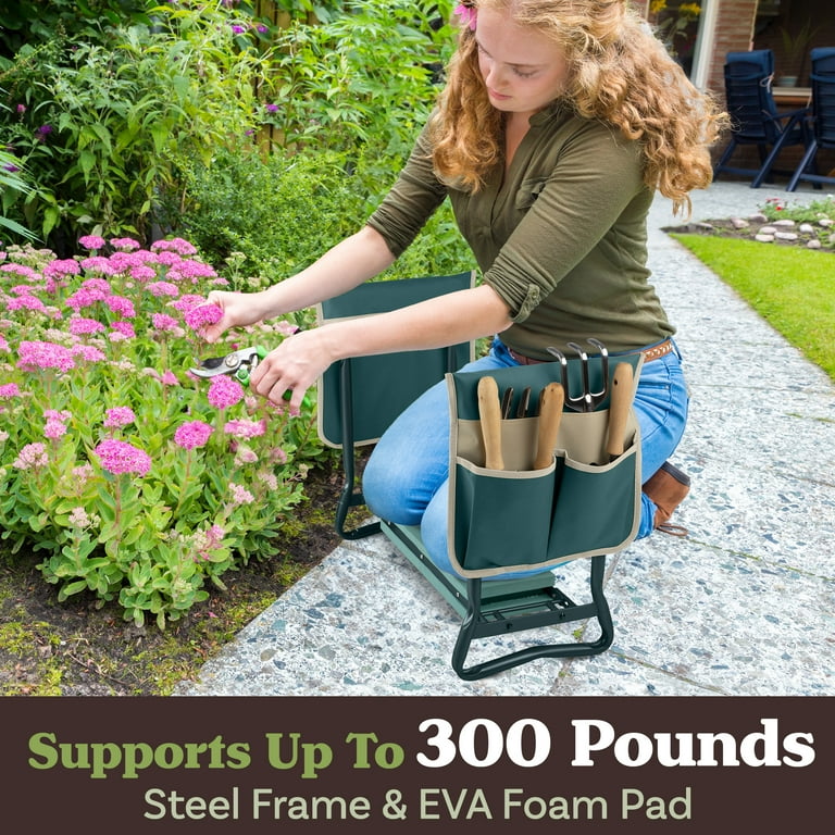 Pure Garden Kneeler Bench Foldable Stool with 2 Tool Pouches Green
