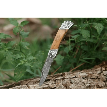 7 Olive Wood Engraved Steel Clips Back Lock Handmade Damascus Steel Pocket Knife