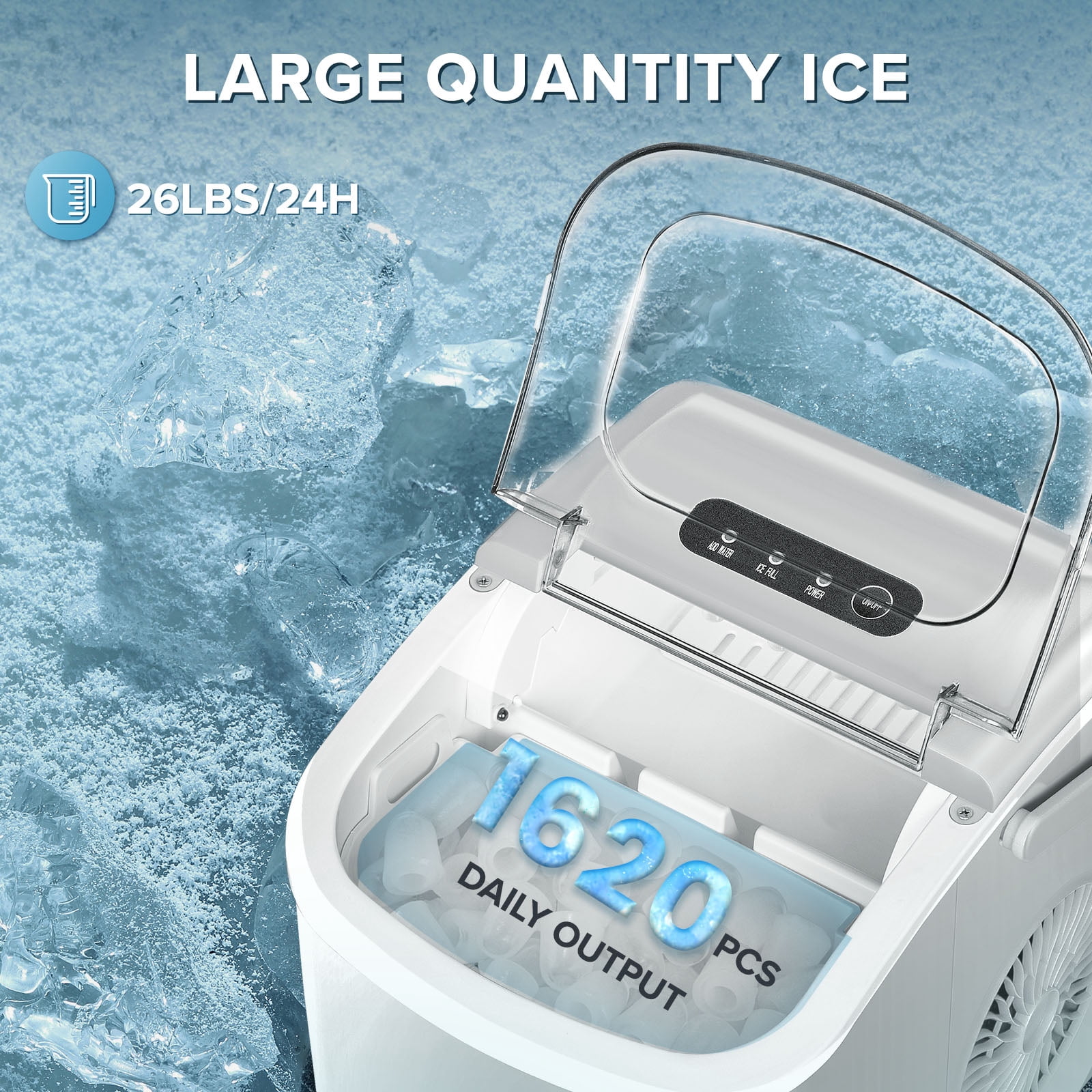 Auseo Countertop Ice Maker Machine 26lbs/24H, 6 Mins/9 Bullets of ice, Self-Cleaning, White