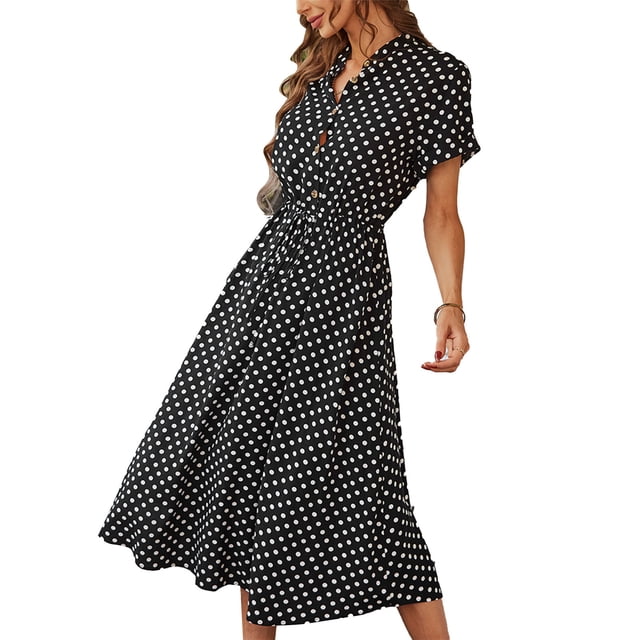 Polka Dot Dress Women's Casual Shirt Neck with Button Drawstring Waist Summer Clothing Black XL