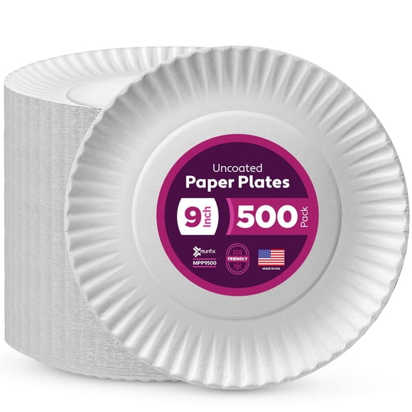 Paper Plates Munfix 500 Pack 23cm Uncoated White Microwavable