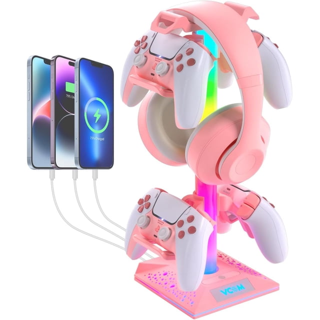 VCOM RGB Gaming Headphones Stand with 2 USB Ports, Pink Headset Stand with 10 Light Modes and Non-Slip Rubber, Suitable for PC Desk Accessories Gamers Gift(Pink)