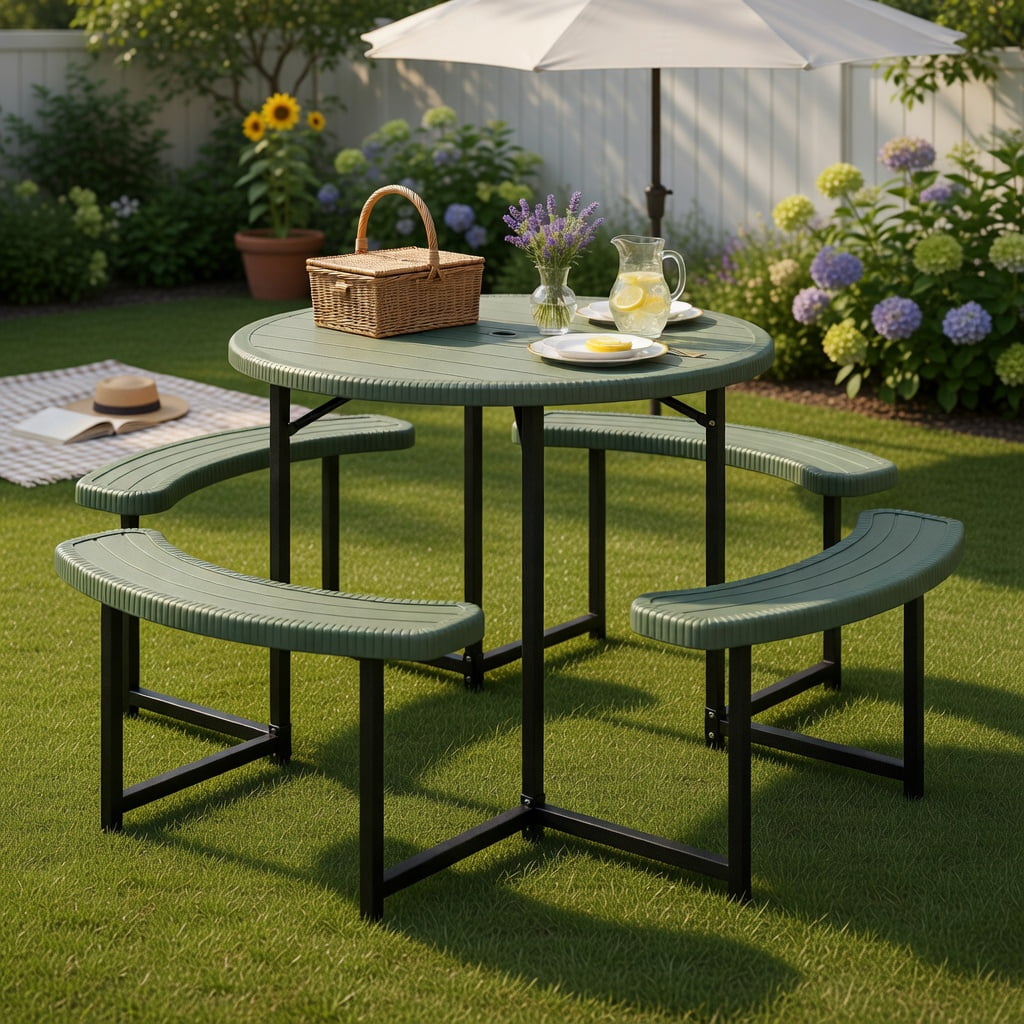 Hommoo Round Outdoor Picnic Table Set with 4 Benches, Umbrella Hole, Heavy-Duty Metal Frame & HDPE Top, White