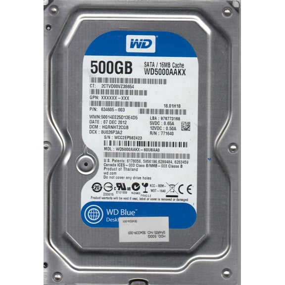 WD5000AAKX-60U6AA0, DCM HGRNHT2CGB, Western Digital 500GB SATA 3.5 Hard Drive