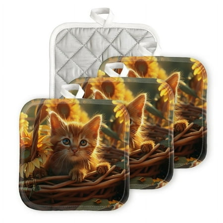 

BaHomeck Pot Holders 4pcs dacron Made Square heat-resisting mat Machine Washable for Kitchen Oven Hot Pads 6.7inch*6.7inch Cute Ginger Kitten Playing In The Basket Of Sunflowers