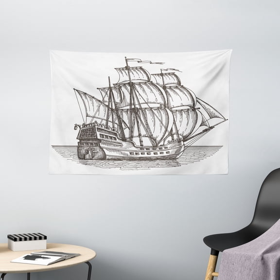 Pirate Ship Tapestry, Old Retro Style Ship Floating on Water Antique Cruise Marine Sketch Art, Wall Hanging for Bedroom Living Room Dorm Decor, 60W X 40L Inches, Dark Brown White, by Ambesonne