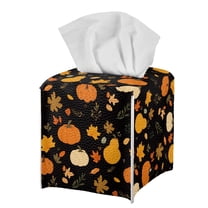 Psesaysky Cute Tissue Box Cover Square Waterproof PU Leather Car Tissue Holder Tissues Boxes Organizer for Bathroom Vanity, Night Stands, Office, Home, Kitchen (Thanksgiving Pumpkin Leaves)