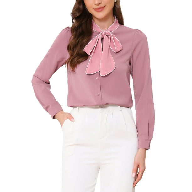 Blusa de trabajo de manga larga con cuello atado y botones para mujer INSPIRE CHIC L Rosa Polvoriento