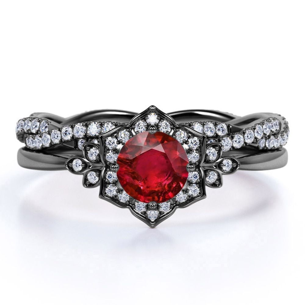 JeenMata 2 Carat Round Cut Minimalist Blood Red Lab Created Ruby Wedding Ring Set in 18k Black Gold over Silver