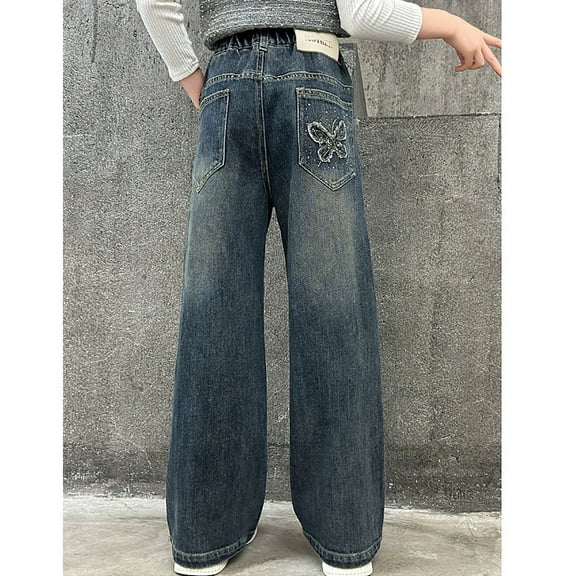 Girls Jeans Elastic Waist Wide Leg High Waist Denim Pants Teen Clothing Cute Jeans 11-12 Years Girls Fashion