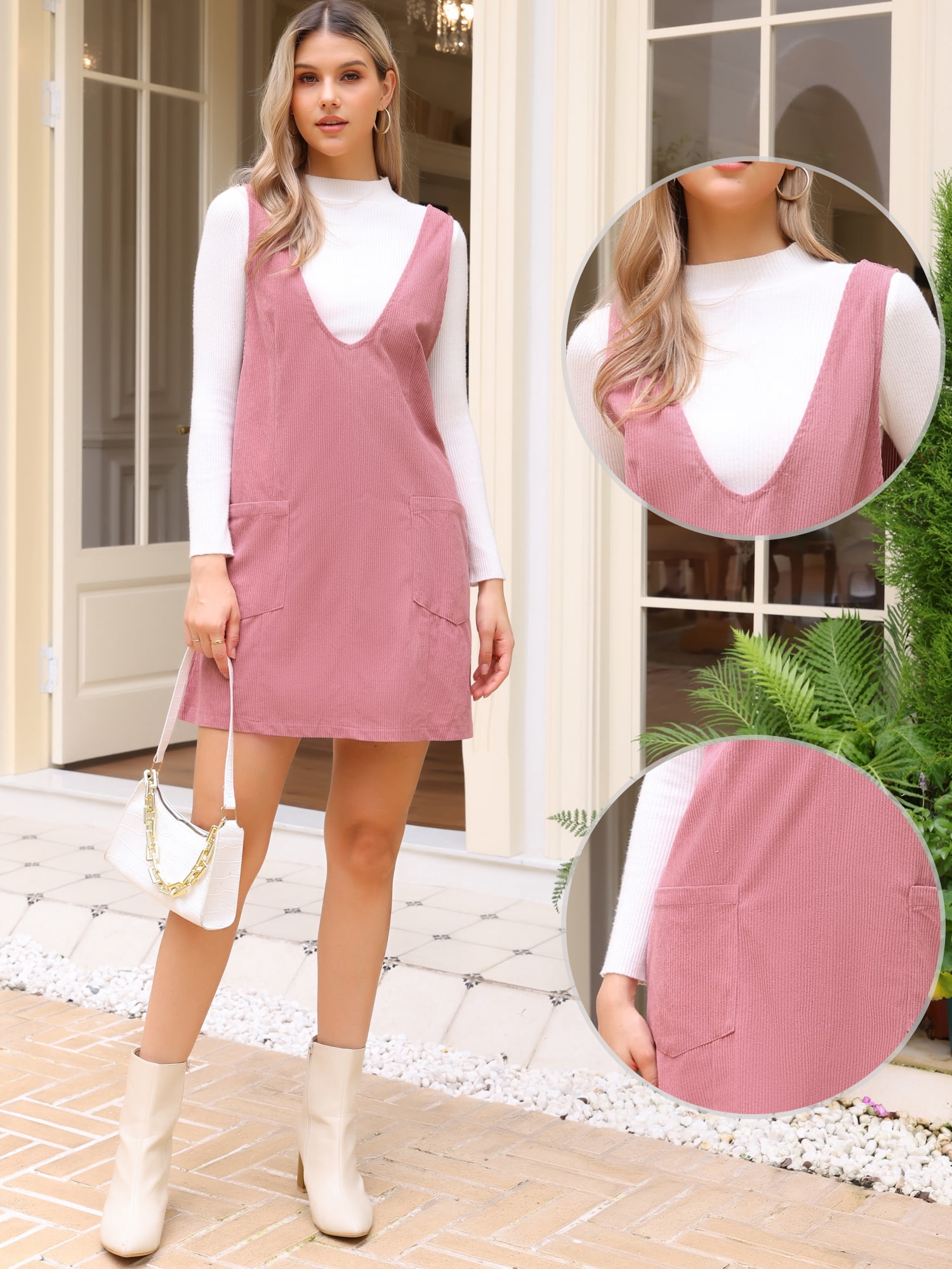 DARING DIVA Women's Corduroy Deep V Neck Casual Mini Pinafore Dresses M Pink