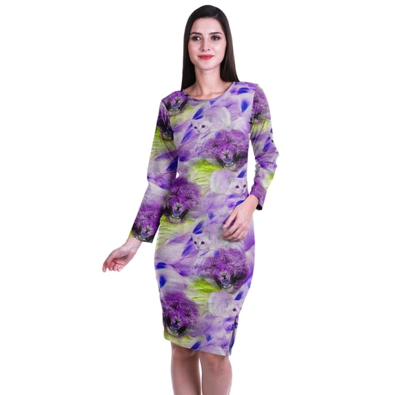 Moomaya Printed Full Sleeve Bodycon Dress for Women Scoop Neck Side Slit Casual Clothing