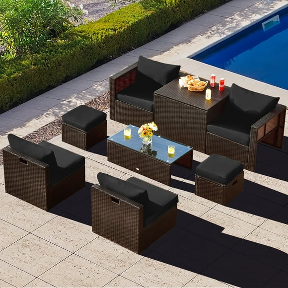 Gymax 8PCS Patio Rattan PE Wicker Conversation Set All-Weather Furniture Set w/ Cushions Black