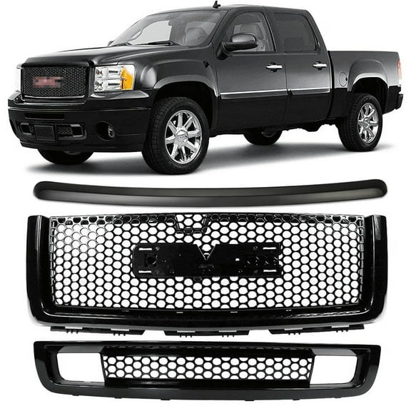 Kojem Front Hood Molding Trim & Upper Grille & Lower Bumper Grille, for 2007-2013 GMC Sierra 1500 Denali, Mesh Bright Black