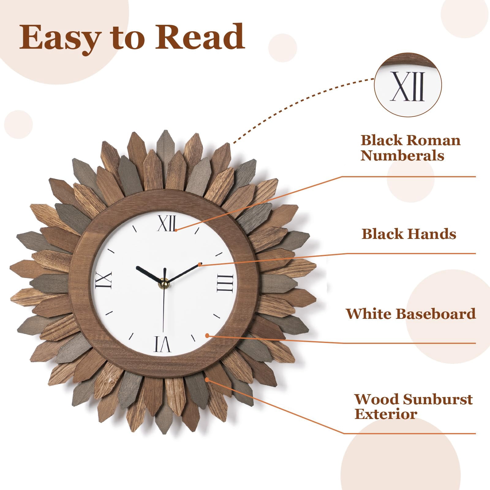 14 In Rustic Wood Boho Sunburst Decorative Wall Clock Silent Non Ticking Farmhouse Small Wall Clocks for Living Room Kitchen Bedroom Decor (Tricolor)