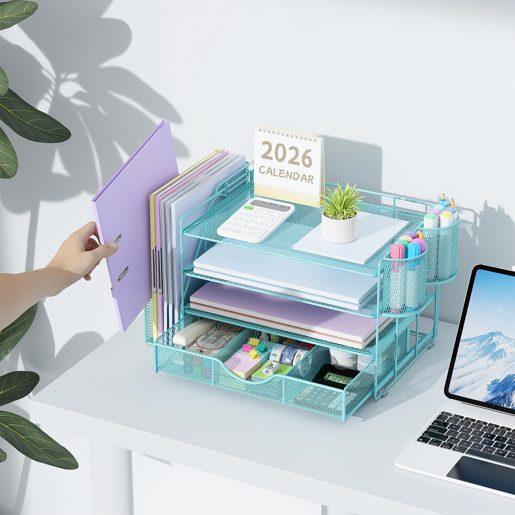 Desk Organizers And Accessories With File Holder  4-tier & Workspace Drawer 2 Pen Paper Organizer For Office Supplies (blue)