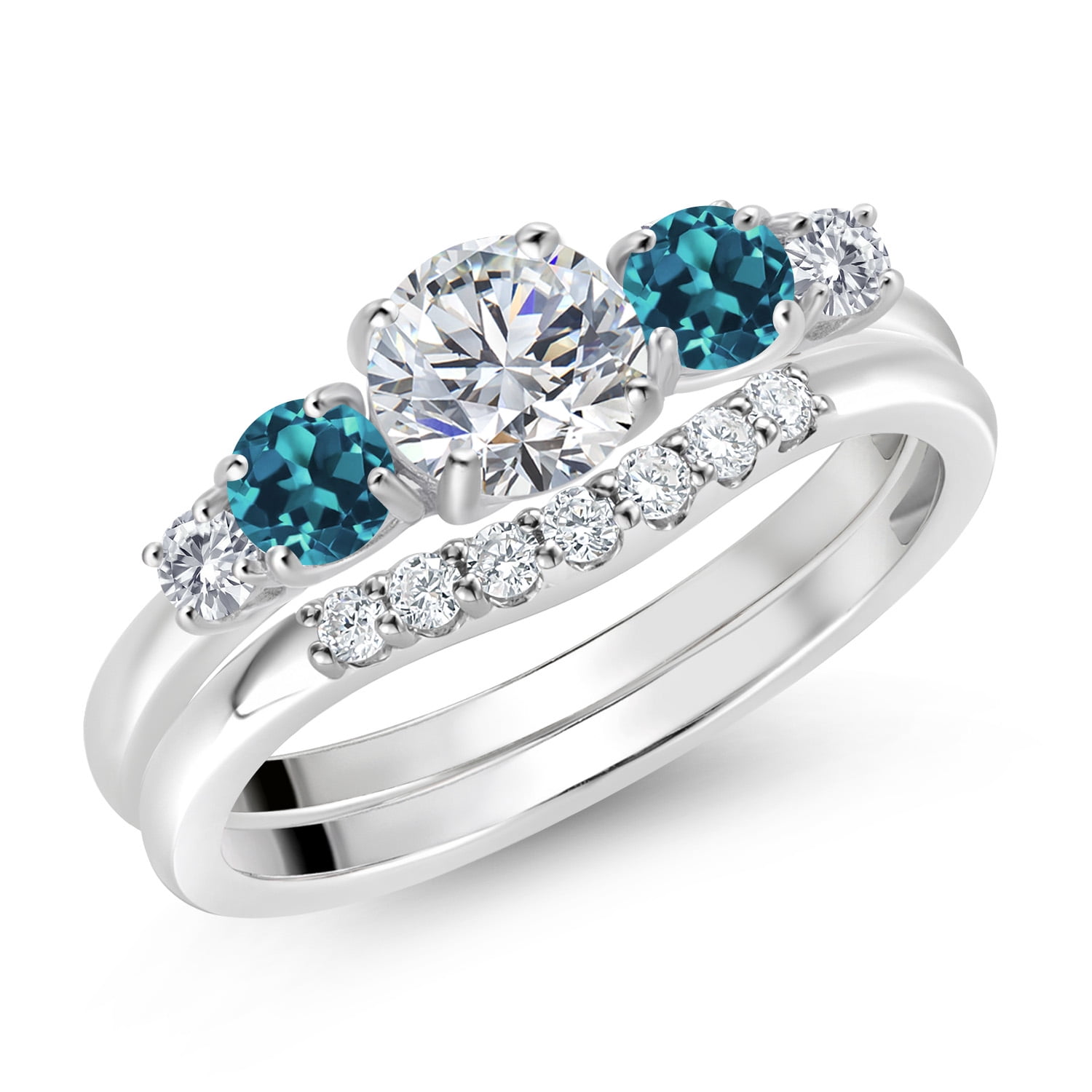 Gem Stone King 10K White Gold White Lab Grown Diamond and London Blue Topaz 5 Stone Bridal Engagement Wedding Ring Set for Women | 0.87 Cttw | Round: 5MM and 3MM | Available in Size 5-9 | Size 6