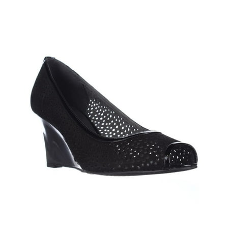 

STUART WEITZMAN Womens Black Perforated Logo Nudotcomer Peep Toe Wedge Slip On Leather Pumps Shoes 5.5 M