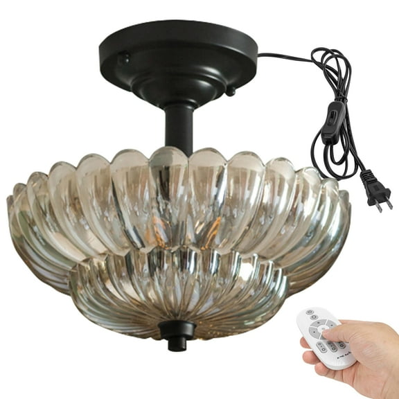 Kiven 11.8in Flush Mount Ceiling Light Fixture, 3-Light Anti Glare Close to Ceiling Light with 15FT Plug-in Cord, Modern Glass Chandelier Dimmable for Bedroom Kitchen Island Hallway