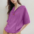 thumbnail image 4 of Womens Cotton Linen Button Down Shirts Casual Summer V Neck 3/4 Sleeve Solid Color Loose Fit Tunic Tops Vacation Tee Purple 4XL, 4 of 5