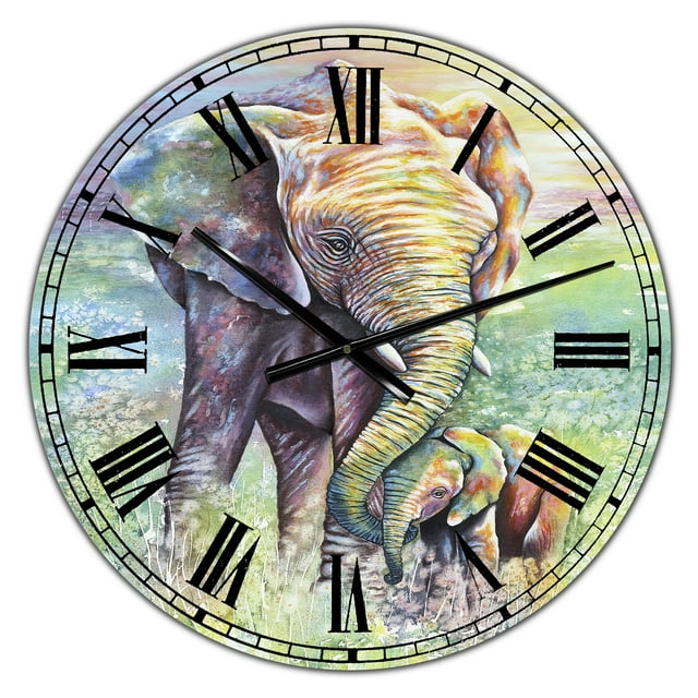 DesignArt Mother & Baby Elephant Rainbow Colors Large Wall Clock