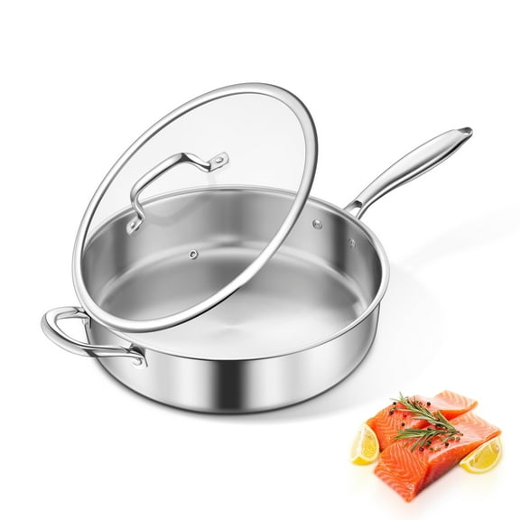 Vesteel 10” Tri-Ply Saute Pan with Lid, 4.5 Quart Stainless Steel Kitchen Skillet, Healthy Non-toxic Cooking Pan for Induction Ceramic Gas Stoves, Heavy Duty & Dishwasher Safe