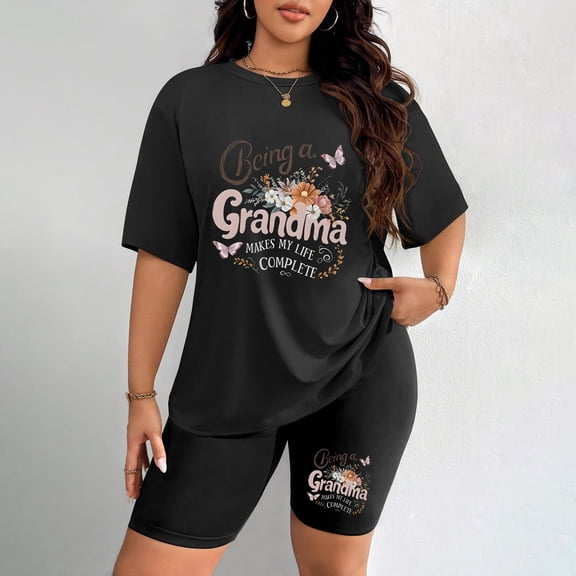 Women's Plus Size Grandma Floral Print T-Shirt & Shorts Set