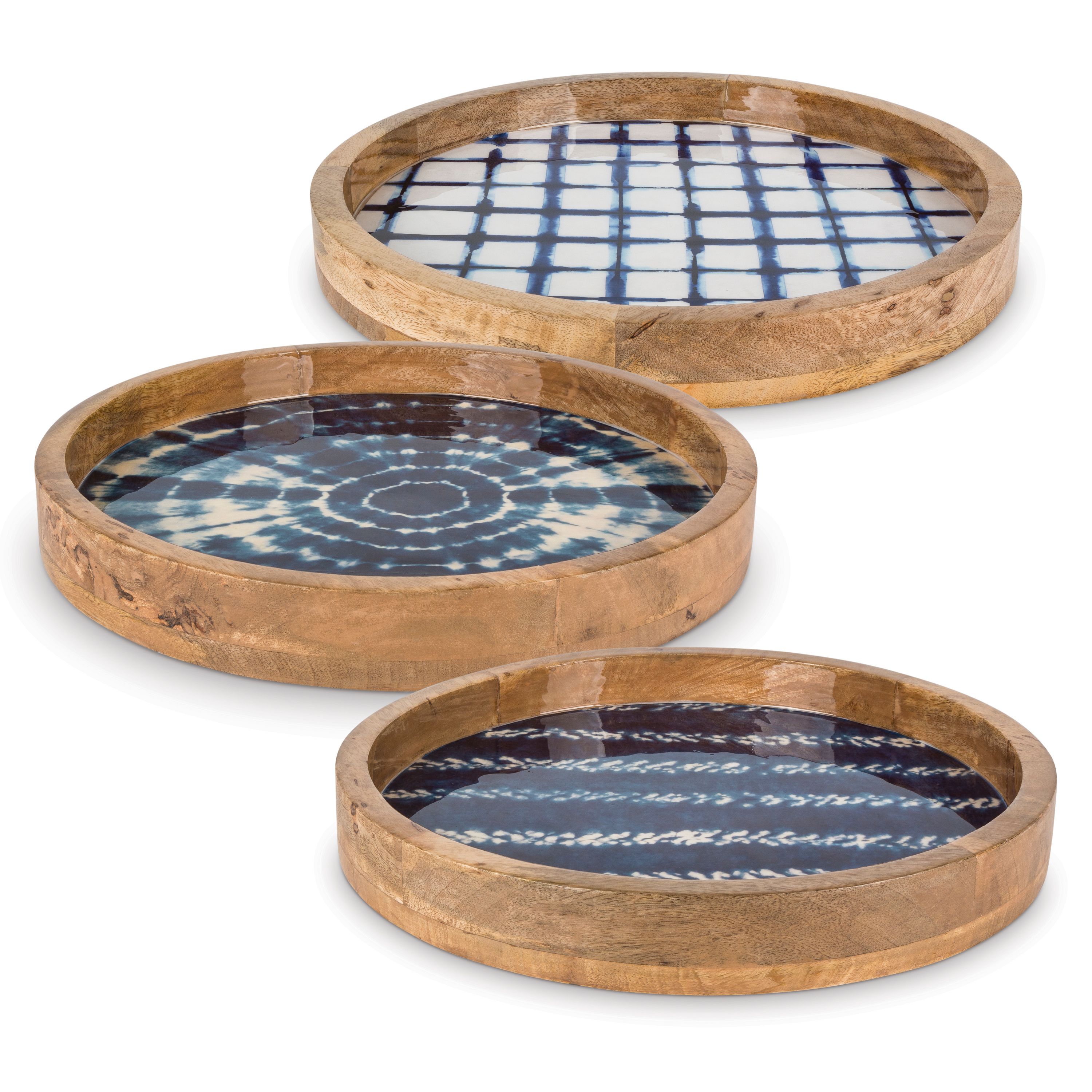 15.75Inch Mango Wood Serving Trays with Assorted, Indigo, TieDye