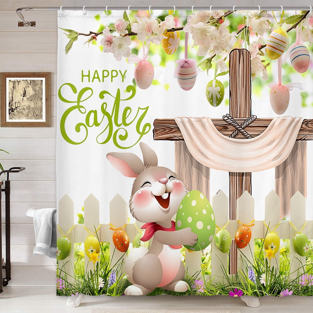 Easter Shower Curtain, Whises He Is Risen The Cross Easter Eggs Bunny Floral Shower Curtain Set, Rustic Easter Rabbit Spring Fabric Holiday Bathroom Accessories with 12PCS, 70X70IN