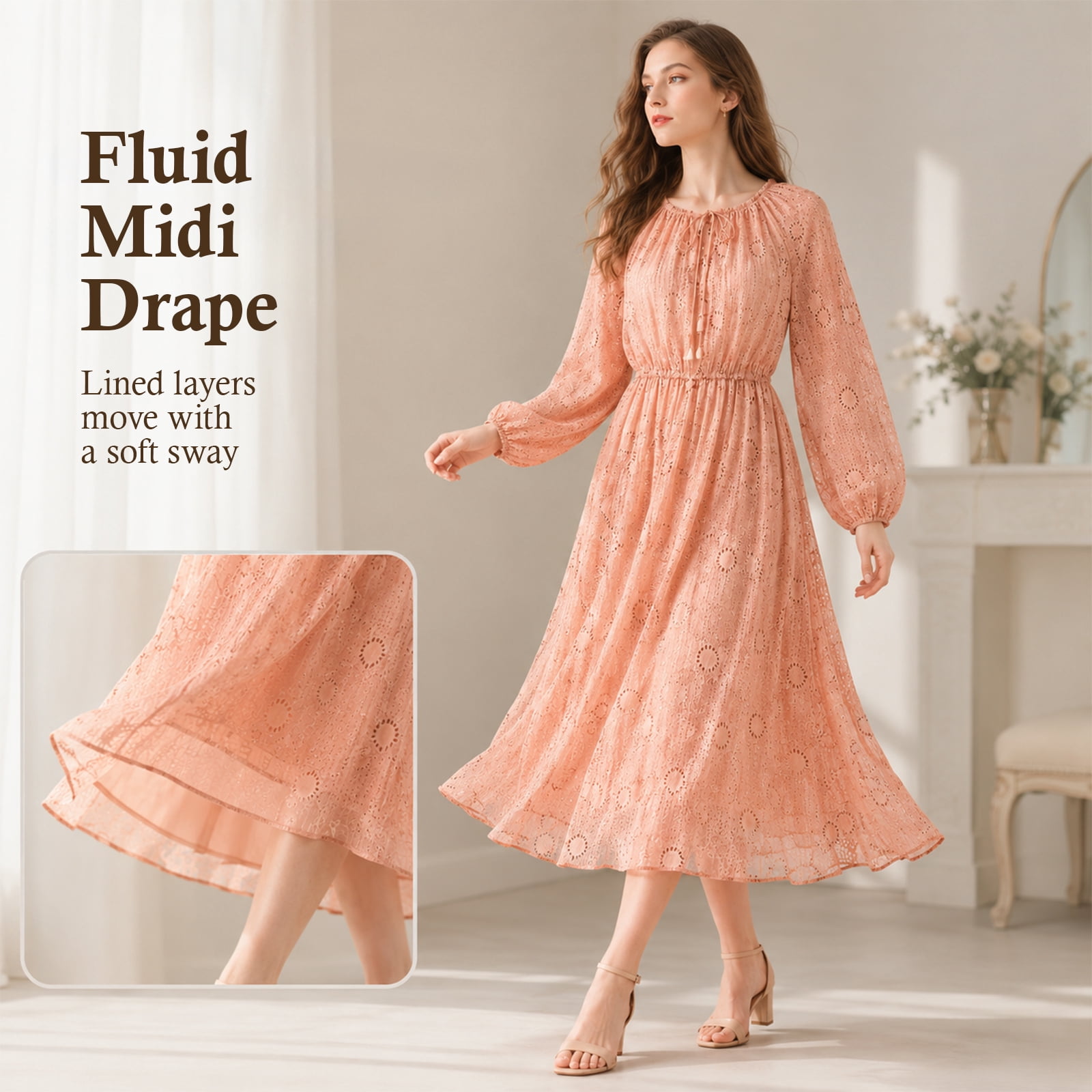 Alvantor Women's Boho Midi Dress, Long Sleeve Smocked Waist, Coral Multi