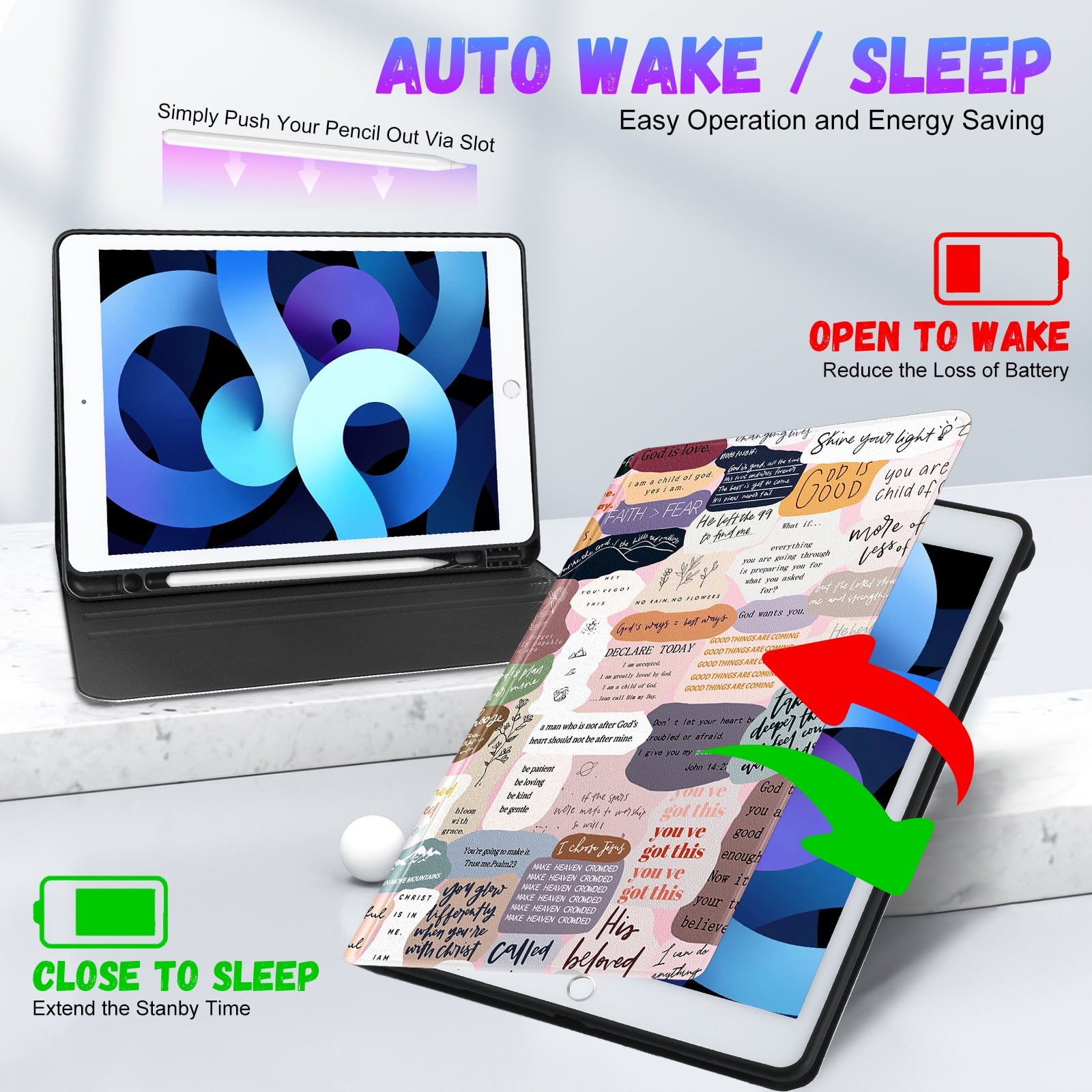 Gemfits Case for iPad 7/8/9 - Flexible Soft TPU Stand Back Cover with Pencil Holder, Auto Sleep/Wake, Active_Text