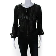 Pre-owned|philosophy Womens Sheer Ribbed Knit Bell Sleeve Cardigan Black Cotton Size 4