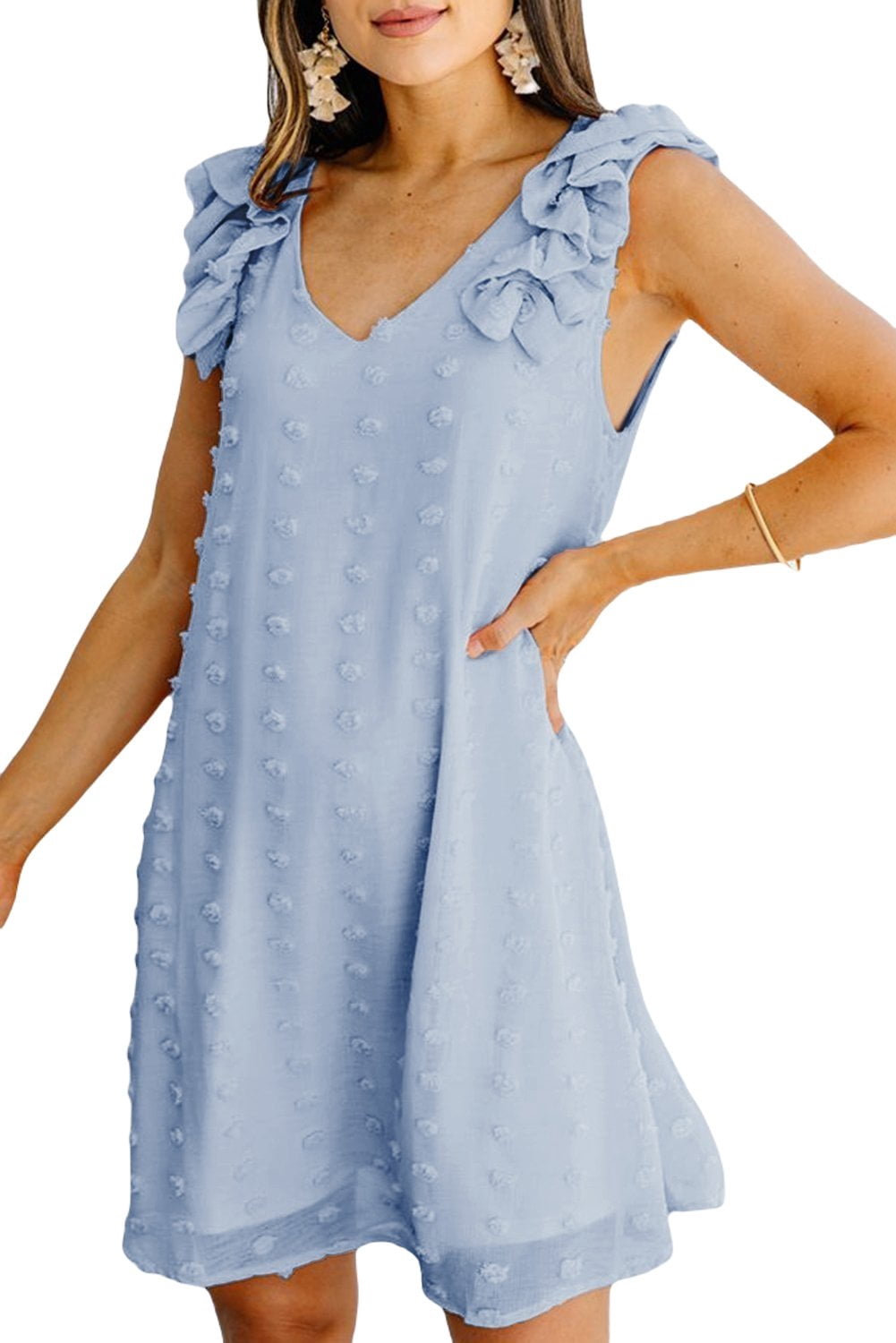 V Neck Ruffled Sleeveless Mini Dress 