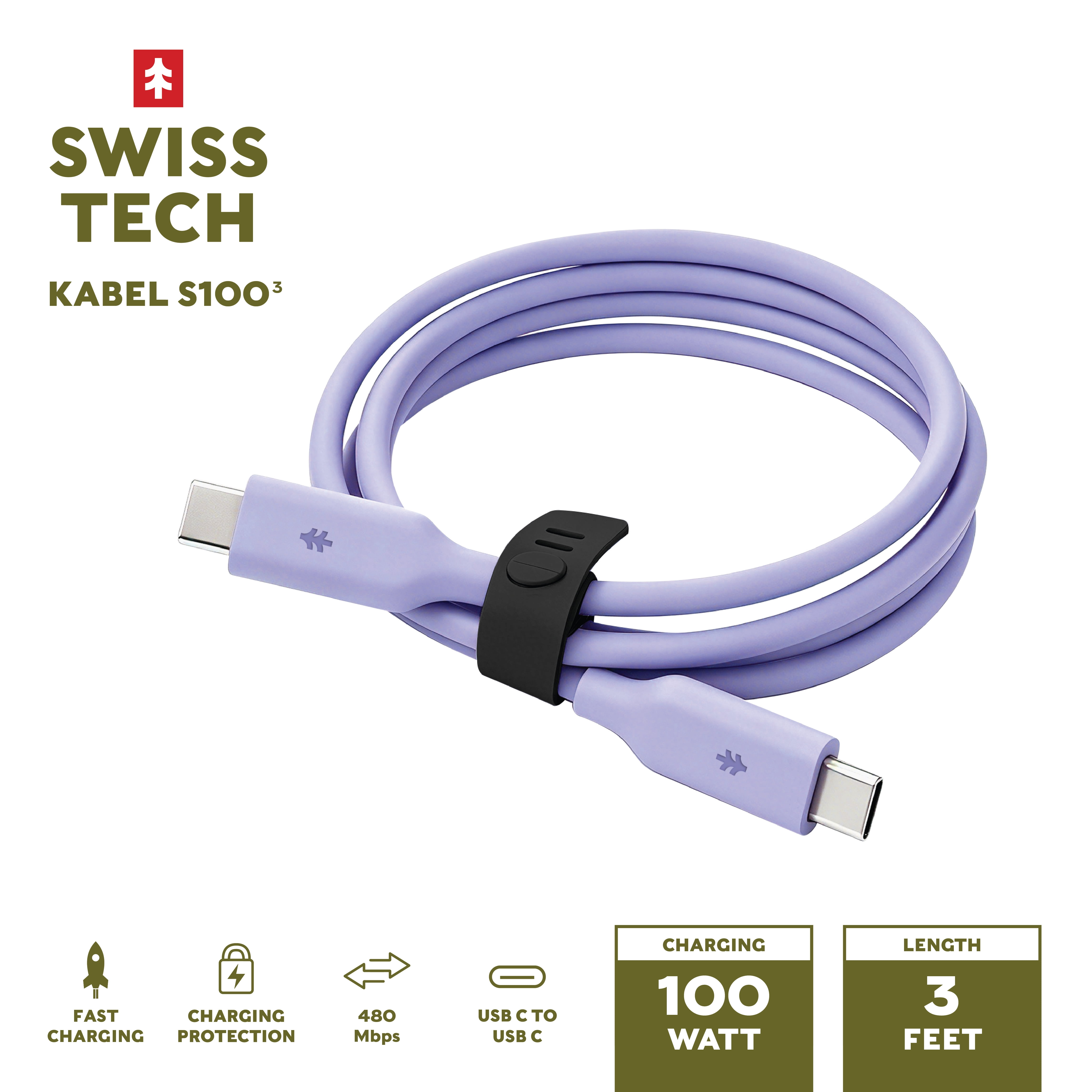 Swiss Tech Kabel S100 3 ft 100W Soft Touch USB-C to USB-C Charging Cable, Myrtle Purple