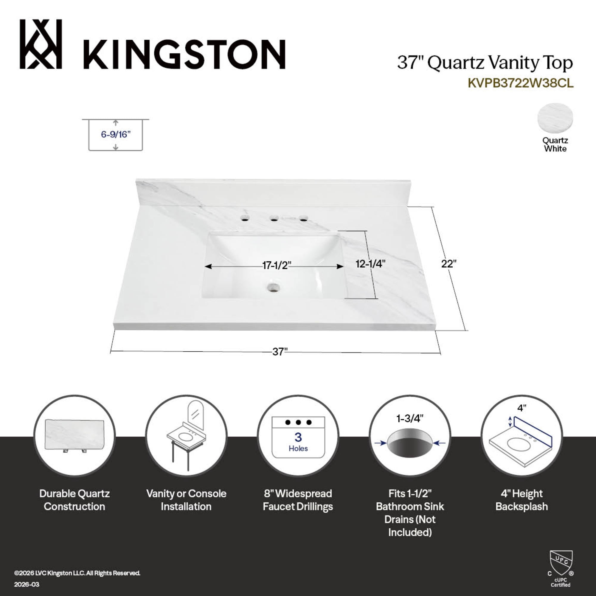 Kingston Brass KVPB3722W38CL Mayorca 37-Inch Quartz Vanity Top (8" Faucet Drillings) in Quartz White