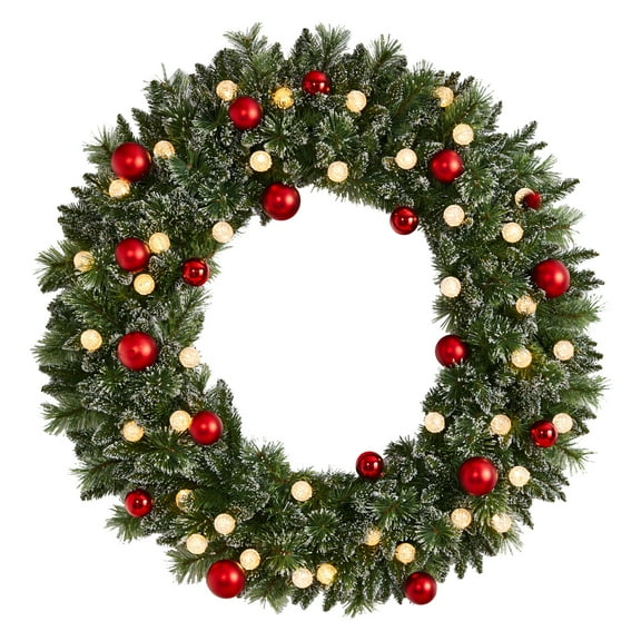 Nearly Natural 4' Oversized Pre-Lit Frosted Holiday Christmas Wreath with Ornaments and 40 LED Globe Lights