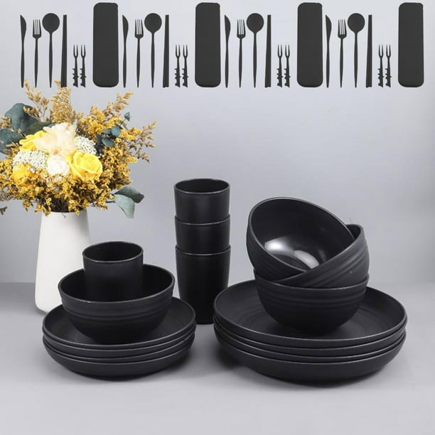 Fiudx Vajilla de Paja de Cebada, de Plástico Ligero, Duradera y Fácil de Limpiar, Diseño Moderno y Elegante, Multifuncional, Incluye 8 Platos, 4 Cuencos, 4 Tazas y 4 Cubiertos, Tamaño 24,6 X 24,6 Cm.