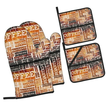

Zeuib Hand Drawn Vintage Coffee Oven Mitts and Potholders BBQ Gloves Kitchen Oven Glove High Heat Resistant 500 Degree Extra Long Oven Mitts and Potholder with Non-Slip Silicone Surface for Cooking