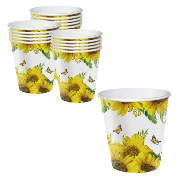 Btomtd Thanksgiving Party 16 Count 9 oz Paper Cups, Elegant Sunflower Pattern Disposable Cups for Fall Dinner, Autumn Themed Drinking Hot Cups for Gatherings, Multicolor