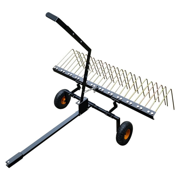 Rugerasy 60 Inch Landscape ATV Rake Tow Behind Steel with 12 Inch Pneumatic Tires and Lift Handle,for Pine, Straw, Leaves