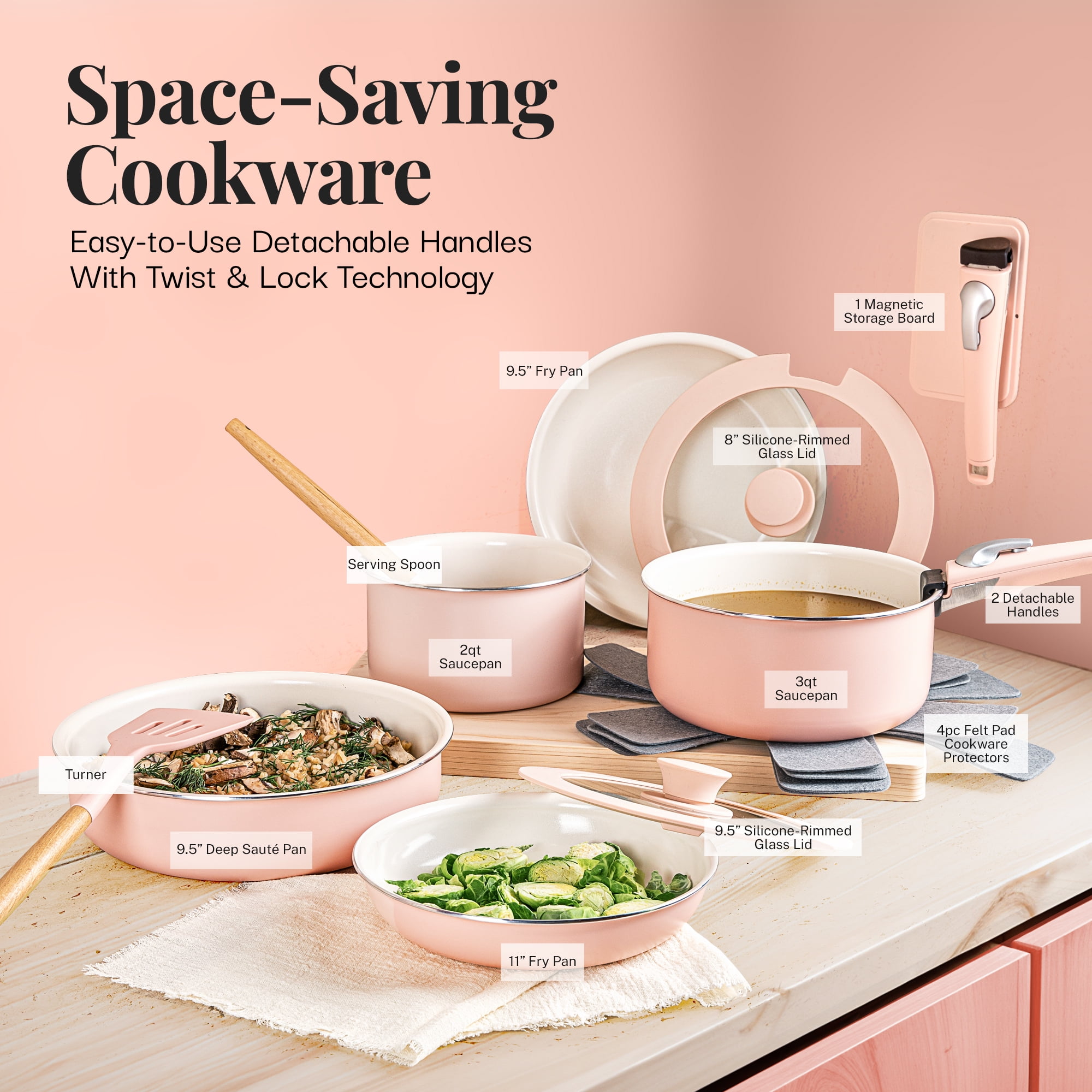 Gotham Steel 18 Pcs Pots and Pans set Non Stick, Ceramic Pan Cookware Set W/ Detachable Handle, RV Kitchen Cooking Set with Secure Lock Removable Handles, Oven Safe Nonstick Pan Set, Pink