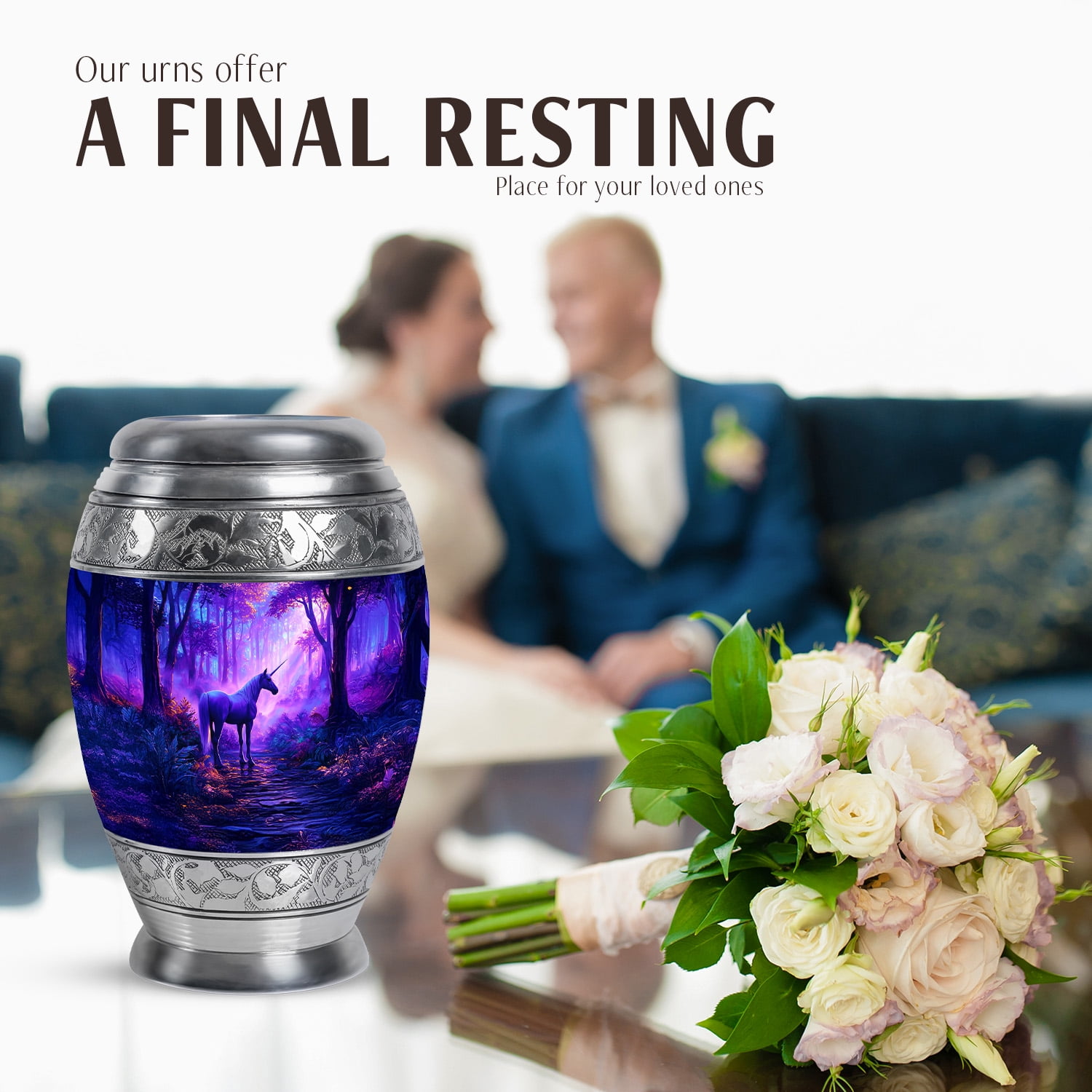JAGASY Unicorn Small Memorial Cremation Urn for Girls, Blue Keepsake Urns for Human Ashes, Sunset Forest Trees Decorative Urns for Friends, Funeral Mini Urn for Boys, (3 Inch)