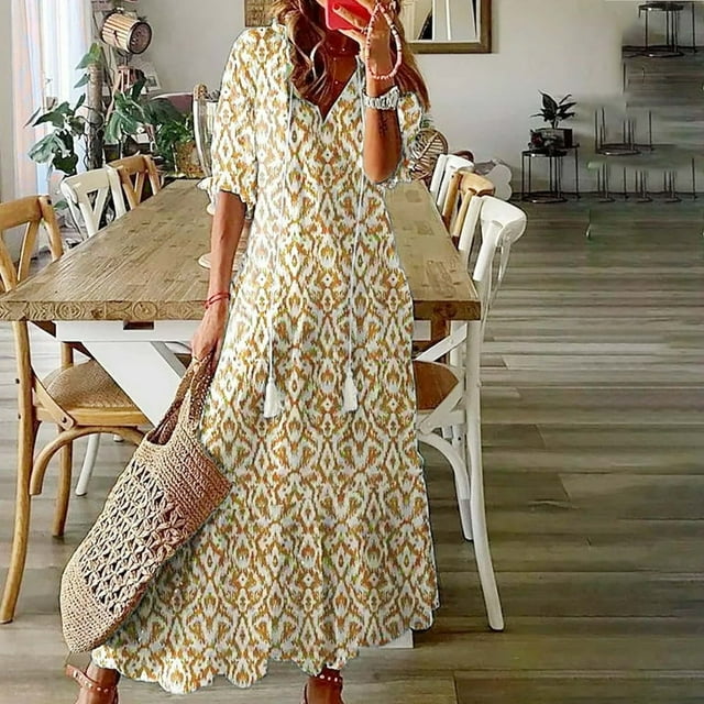 Usmixi Robes Formelles pour Femmes Longueur Coude Col en V Imprimé Géométrique Robes Maxi d'Été avec Franges Ample Fluide Évasée Tunique de Plage Robe Bleu G jusqu'à 65 % de Rabais