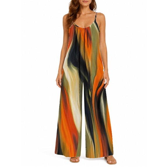 Women'S Summer Orange-Brown Stripes Wide Leg Jumpsuit Casual Loose Sleeveless Spaghetti Strap Romper With Pockets