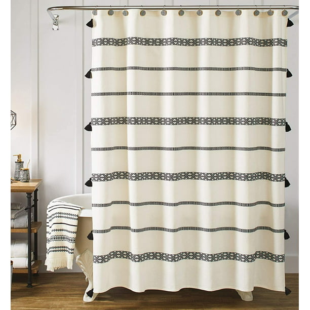 Tassel Fabric Shower Curtain Extra Wide, Black And White Boho Fabric Shower Curtain