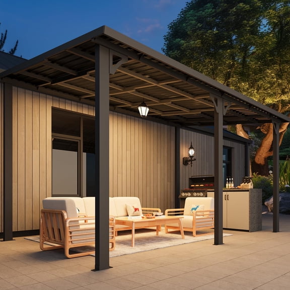 AECOJOY 14' x 8' Outdoor Hardtop Metal Gazebo, Large Lean-to Wall Mounted Pergola, Galvanized Steel Heavy Duty Patio Awning & Grill Gazebo for Backyard & Decks