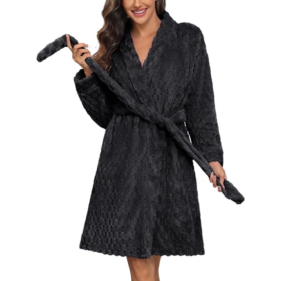 Ekouaer Black Bathrobe for Women Fleece Plush Robes Knee Length Warm Ladies Sleep Robe Jacquard Sleepwear with Pockets